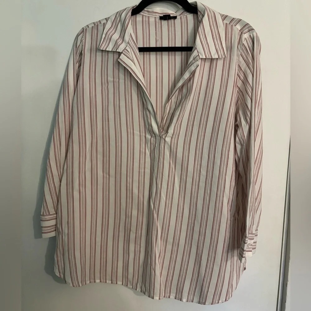 Ann Taylor Factory Womens Brick Red White Stripe Long Sleeve Blouse Sz Med